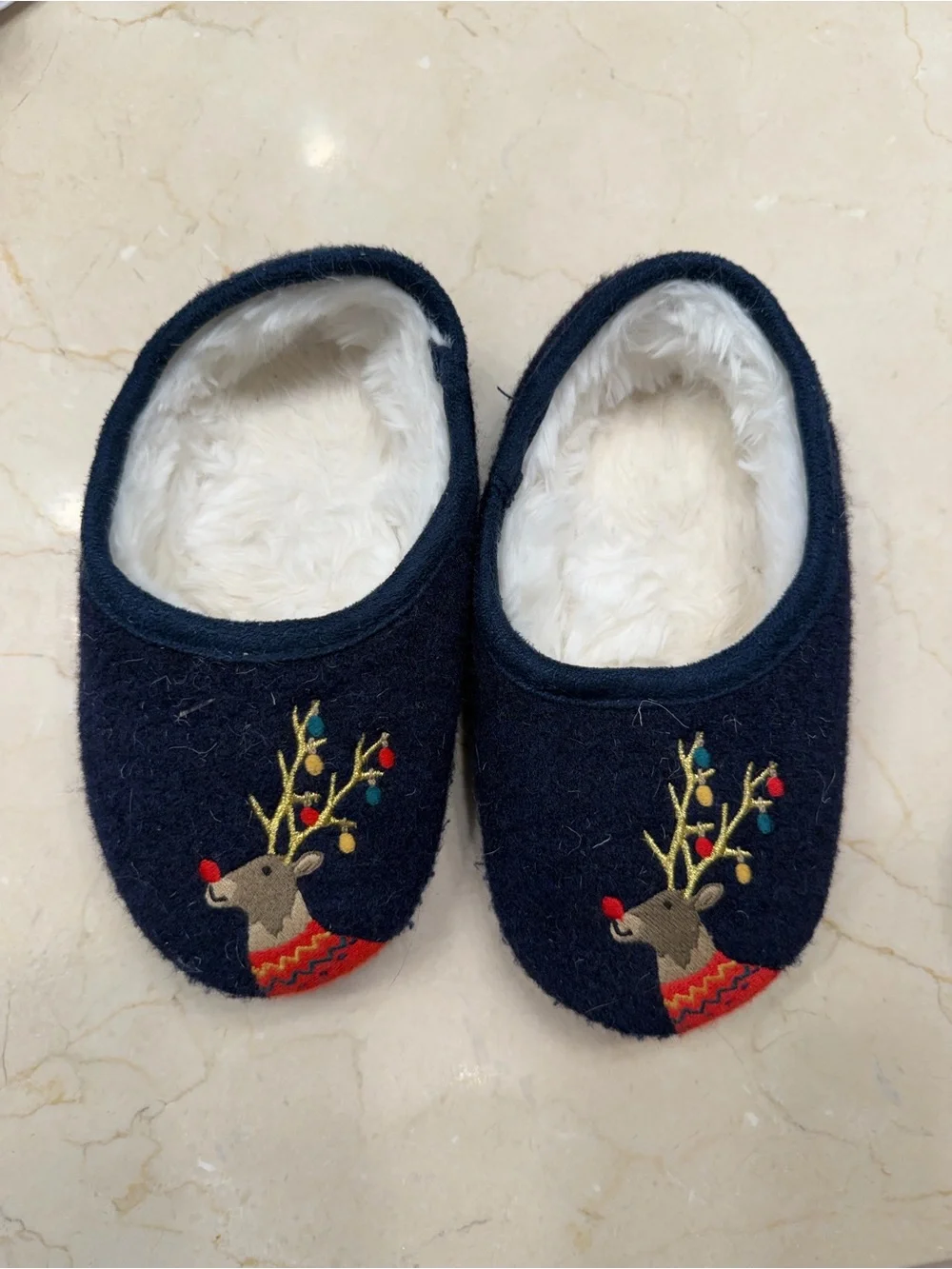 Kids Joules Navy Reindeer Slip-On Slippers - Size 11-12 (boys or girls)
